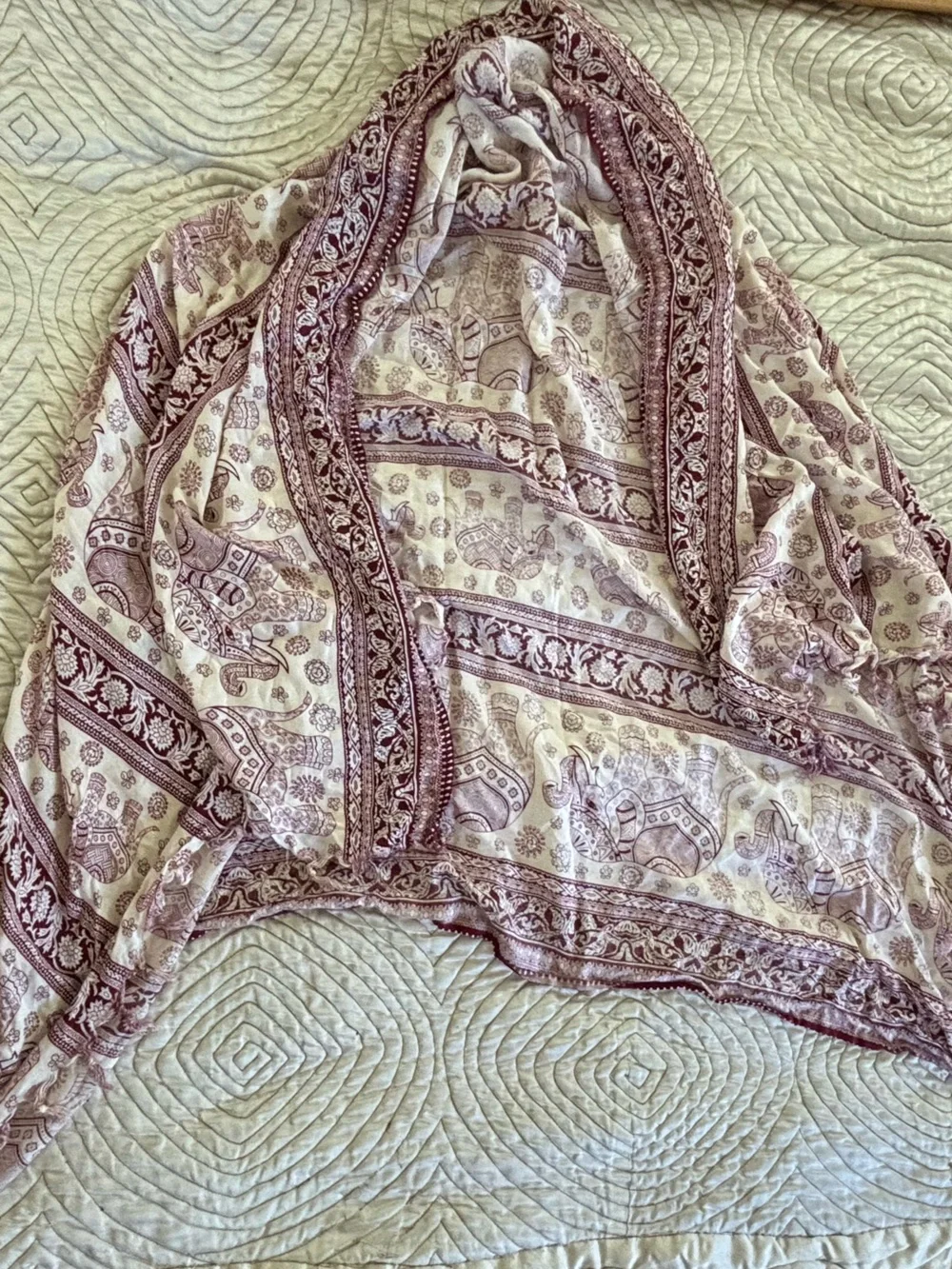 Elephant Print Anthropologie Fringed Wrap Scarf in Cream and Burgundy